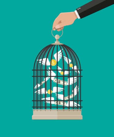 Hand holds cage with flying money. Investment and savings. Vector illustration in flat styleのイラスト素材