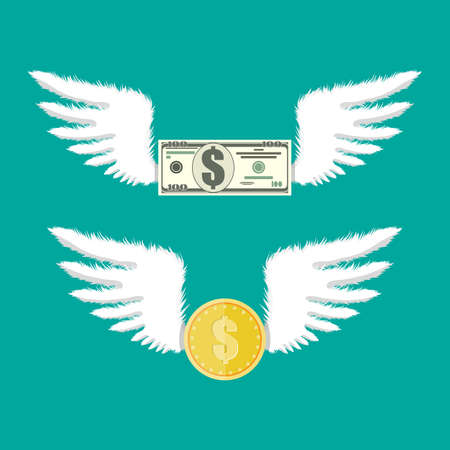 Golden coin and dollar bill with wings. Vector illustration in flat styleのイラスト素材