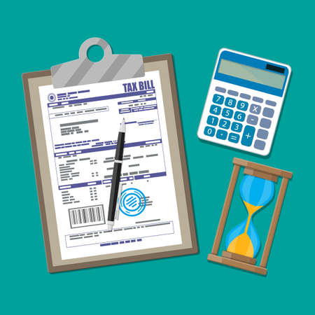 Clipboard with tax declaration paper document, pen, calculator, sand clocks. Tax day, deadline. Vector illustration in flat styleのイラスト素材