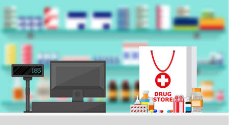Modern interior pharmacy or drugstore. Medicine products on shelves. Cash register. Shopping bag with different medical pills and bottles, healthcare and shopping. Vector illustration in flat styleのイラスト素材