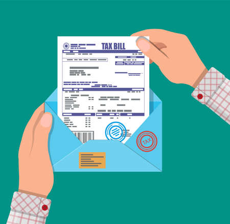 Hands holds envelope with tax declaration paper document. Tax day. Vector illustration in flat styleのイラスト素材