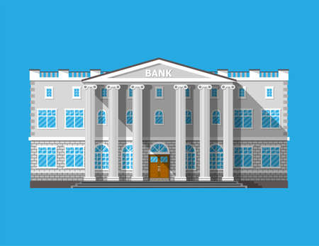 Bank building. Financial house isolated on blue. Construction with columns in ancient design. Vector illustration in flat styleのイラスト素材