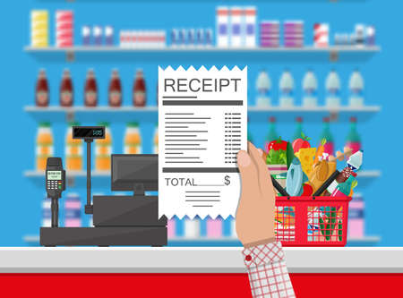 Supermarket interior. Cashier counter workplace. Hand with receipt. Basket with food and drinks. Shelves with products. Cash register, pos terminal and keypad. Vector illustration in flat styleのイラスト素材
