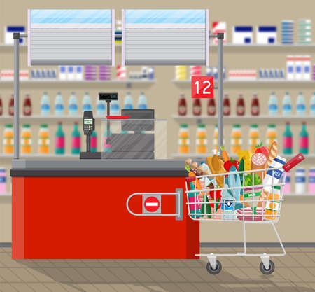 Supermarket interior. Cashier counter workplace. Shopping cart with food and drinks. Shelves with products. Cash register, pos terminal and keypad. Vector illustration in flat styleのイラスト素材