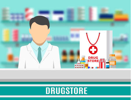 Modern interior pharmacy or drugstore. Medicine products on shelves. Male pharmacist. Shopping bag with different medical pills and bottles, healthcare and shopping. Vector illustration in flat styleのイラスト素材