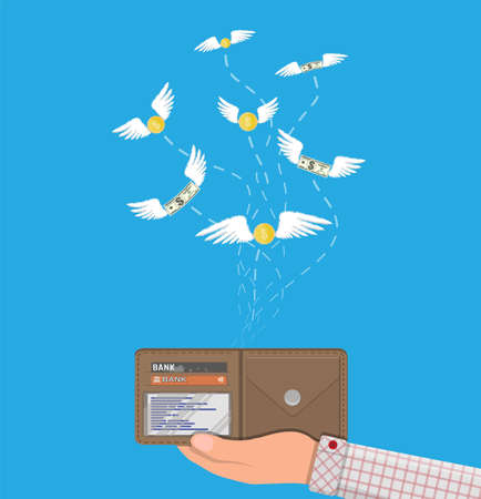 Dollars and coins with wings flying away from hand with wallet. Losing money, overspending, bankruptcy. Vector illustration in flat styleのイラスト素材