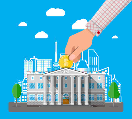 Depositing money in bank account. Hand putting coin into bank building. Road, trees, cityscape, clouds. Vector illustration in flat styleのイラスト素材