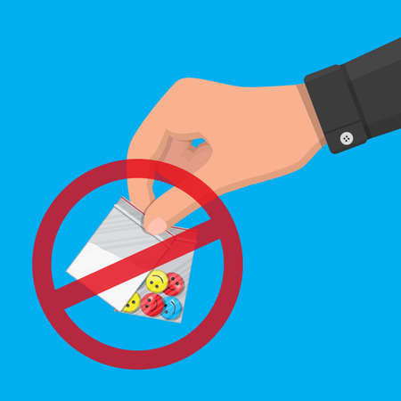 Hand of the drug dealer holding bag of narcotic pills and cocaine. Anti-drug concept. Vector illustration in flat styleのイラスト素材