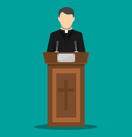 Priest giving speech from tribune. Catholic preacher person. Pastor servant of god in cassock. Vector illustration in flat styleのイラスト素材