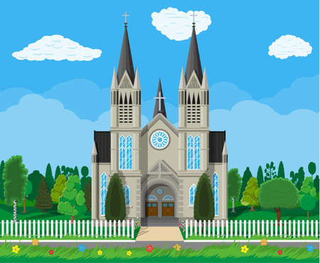 Exterior of catholic or protestant church cathedral in gothic style with fence and trees behind. Chapel. Tower with cross. Vector illustration in flat styleのイラスト素材