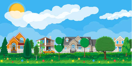 Private suburban houses with car, trees, road, sky and clouds. Village. Vector illustration in flat styleのイラスト素材