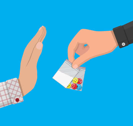 Hand of the drug dealer gives bag of narcotic pills and cocaine to other hand. Anti-drug concept. Rejection. Vector illustration in flat styleのイラスト素材