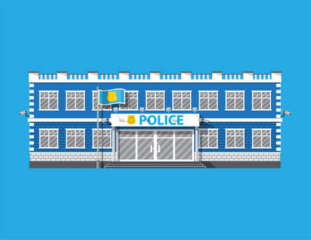 Police station building. Security cameras, flag with police symbol. Law, protection. Vector illustration in flat styleのイラスト素材
