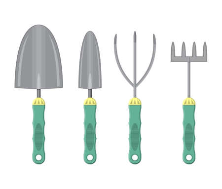 Scoop and hand rake with plastic handles. Gardening tools. Vector illustration flat styleのイラスト素材
