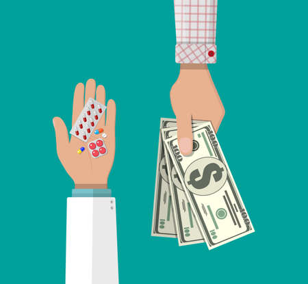 Hand of the pharmacist with pills and hand of client with money. Buying and selling drugs. Pharmacy shop. Vector illustration in flat styleのイラスト素材