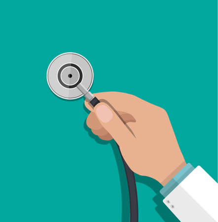 Medical stethoscope or phonendoscope in hand of doctor. Medical equipment. Healthcare. Vector illustration in flat styleのイラスト素材