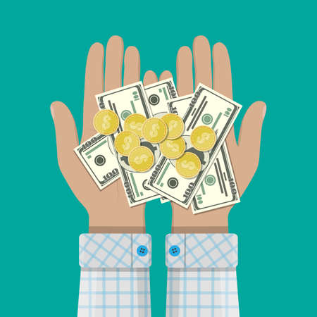 Hands with golden coins and dollar banknotes. Concept of savings, donation, paying. Rich. Success. Vector illustration in flat styleのイラスト素材