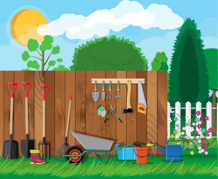 Gardening tools set. Equipment for garden. Saw bucket ax wheelbarrow hose rake can shovel secateurs gloves boots. Wooden fence, flower, grass, tree, sky, cloud. Vector illustration in flat styleのイラスト素材