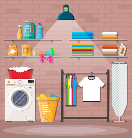 Laundry room with washing machine, ironing board, iron, clothes rack, household chemistry cleaning, washing powder and basket. Brick wall and lamp. Vector illustration in flat styleのイラスト素材
