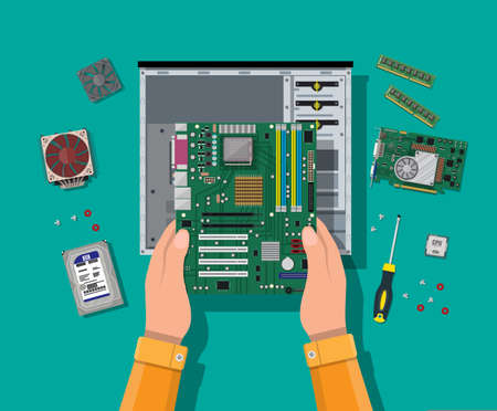 Hands with motherboard, hard drive, cpu, fan, graphic card, memory, screwdriver and case. Assembling PC. Personal computer hardware. Vector illustration in flat styleのイラスト素材