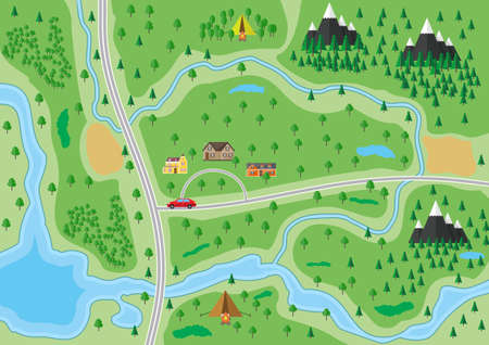 Suburban map with houses with car, trees, road, river, mountain and camp. Village. Vector illustration in flat styleのイラスト素材