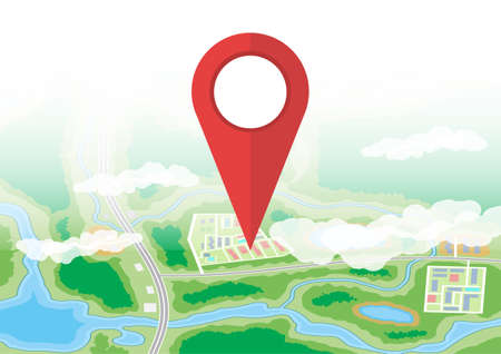 City suburban map and red route pin. Abstract generic map with roads, buildings, parks, river, lake....