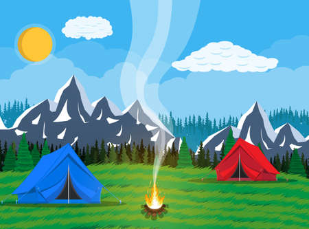 Meadow with grass and camping. Tents, bonfire, flowers, mountains, trees, sky, sun and clouds. Vector illustration in flat styleのイラスト素材