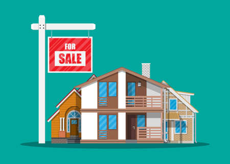 Suburban family house set and for sale placardのイラスト素材