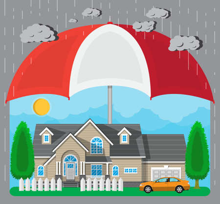 House and car protection concept. Umbrella over house with car, fence, trees, sun. Vector illustration in flat styleのイラスト素材