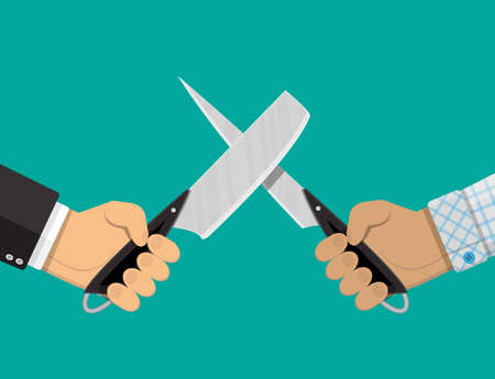 Businessmen hands with knives. Conflict, rivalry, competition, struggle, business war. Vector illustration in flat styleのイラスト素材