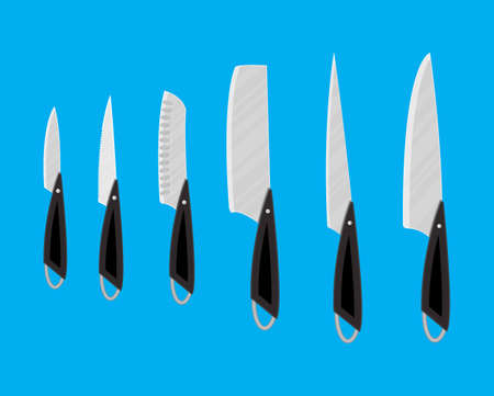 Set of kitchen knives for various products. Vector illustration in flat styleのイラスト素材
