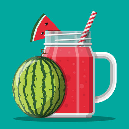 Jar with watermelon smoothie with striped straw.のイラスト素材