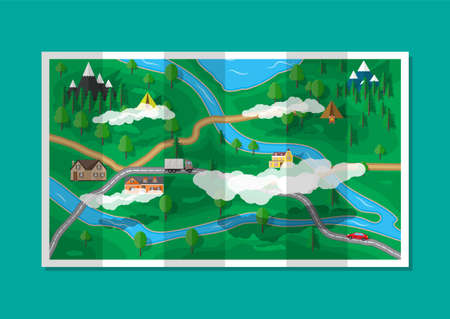 Suburban paper nature map. GPS and navigationのイラスト素材