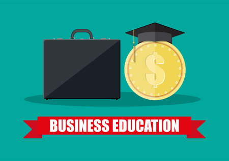 Business briefcase, graduation cap, gold coin. Business graduation concept. Vector illustration in flat styleのイラスト素材