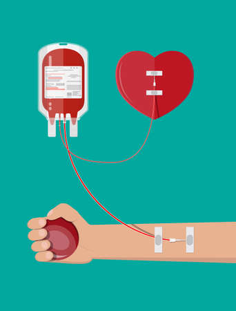 Blood bag, heart and hand of donor with ball. Blood donation day concept. Human donates blood. Vector illustration in flat style.のイラスト素材
