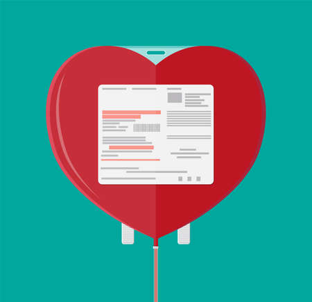 Blood bag in heart shape. Blood donation day concept. Human donates blood. Vector illustration in flat style.のイラスト素材