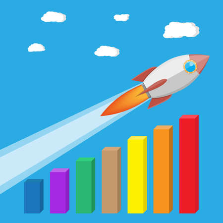 Rocket flying up on growth chart. Graph that shows increase in sales. Business success. Vector illustration in flat styleのイラスト素材
