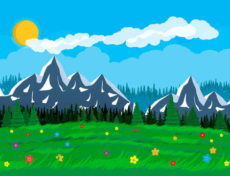 Summer nature landscape with mountains, forest, grass, flower, sky, sun and clouds. National park in flat styleのイラスト素材