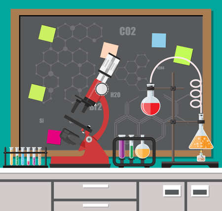 Laboratory equipment, jars, beakers, flasks, microscope, agenda board, spirit lamp on table. Biology science education medical in flat styleのイラスト素材