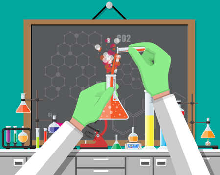 Science experiment in laboratory. Lboratory equipment, jars, beakers, flasks, microscope, spirit lamp. Biology science education medical in flat styleのイラスト素材