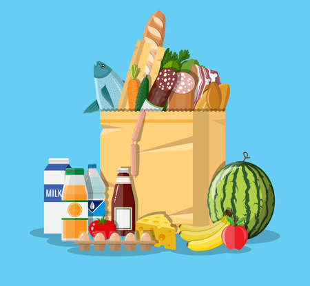 Paper shopping bag full of groceries products. Grocery store. Supermarket. Fresh organic food and drinks in flat styleのイラスト素材
