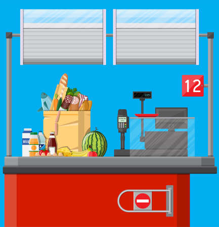Supermarket interior. Cashier counter workplace. Food and drinks. Cash register, pos terminal and keypad in flat styleのイラスト素材