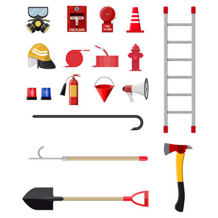 Firefighting set. Fire protection equipment. Vector illustration in flat styleのイラスト素材