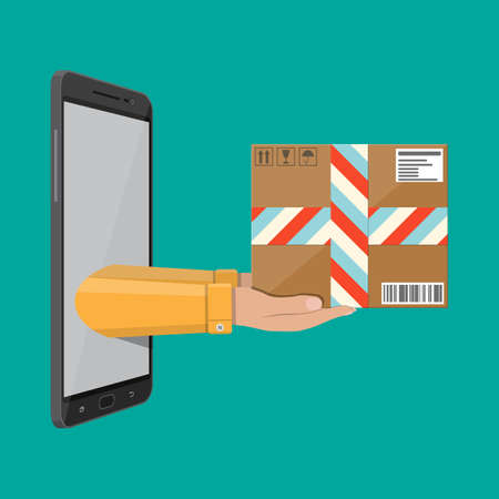 Hands with postal cardboard box and smartphone. Delivery concept. Flat style vector illustrationのイラスト素材