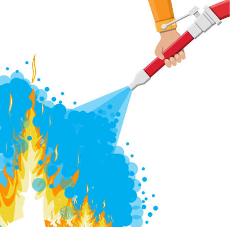 Water hose in hand to extinguish the fire. Fire equipment. Vector illustration in flat styleのイラスト素材