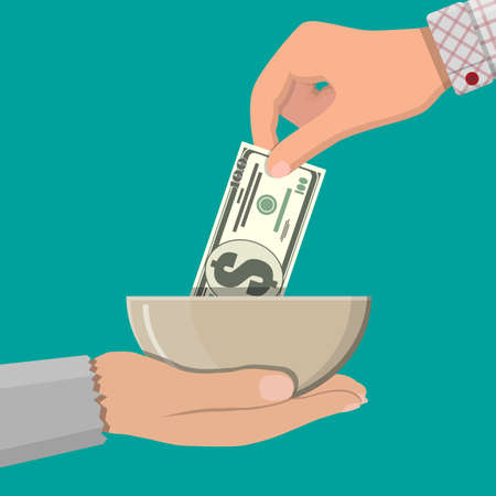 Hand giving dollar banknote to beggar hand. Charity concept. Vector illustration in flat styleのイラスト素材