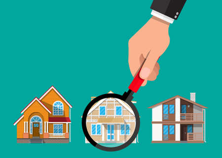 Hand with magnifying glass selects house. Real estate, sale and rent house. Vector illustration in flat styleのイラスト素材