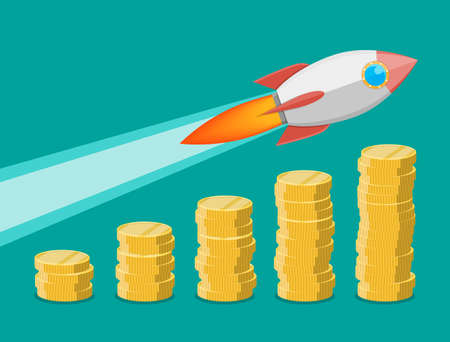 Rocket flying up on coins growth chart. Graph that shows increase in sales. Business success. Vector illustration in flat styleのイラスト素材