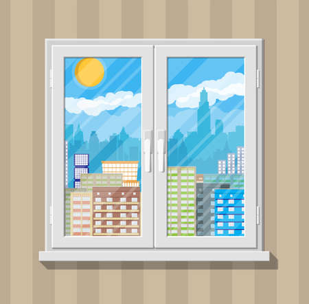 City skyline silhouette at day behind window. Skyscappers, towers, office and residental buildings. Sky, clouds and sun. Vector illustration in flat styleのイラスト素材