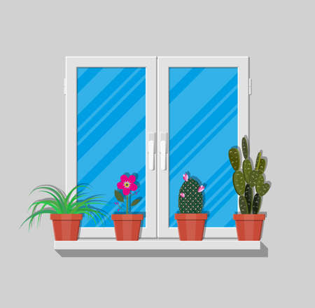 White window with flowers on wall. Vector illustration in flat styleのイラスト素材